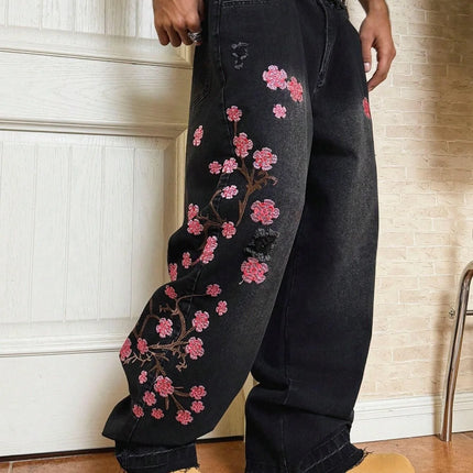 Men's Black Vintage Loose Wide-Leg Jeans, Four-Season Street-Style Ripped Denim Pants with Cherry Blossom Embroidery