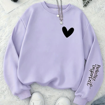 Women Perfectly Imperfect Letter Print Sweatshirt Cute Heart Crew Neck Pullover Casual Soft Fleece Long Sleeve Girls Streetwear