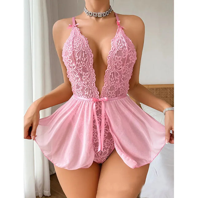 Sensual Lace Hollow Bodysuit Sexy Crotchless Lingerie Thong Women Erotic Pajamas Teddy Babydoll Dress Deep V Open Bra Porn Set
