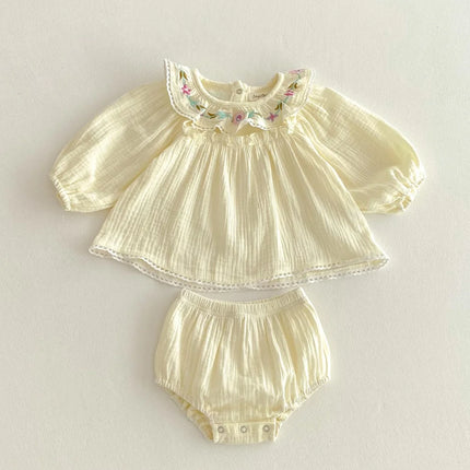 Vintage Lace Embroidery Girls Clothing Set Spring Fall Long Sleeve Infant Baby Jumpsuit for Toddler Girls Clothing Children Suit