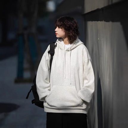 Retro Japanese Style Heavyweight Solid Color Hoodie Unisex Autumn Winter Casual Loose Warm Couple Inner Wear Top Coat