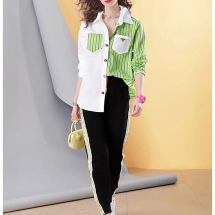 Spring new striped stitching high-end temperament casual women's shirt top for women