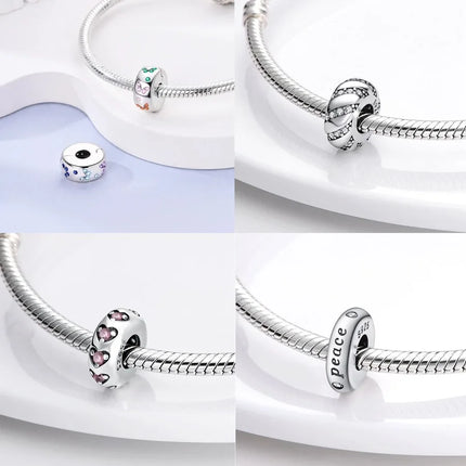 Lucky Clover Clip Charms 925 Sterling Silver Original Black Cat Stopper Clamp Silicone Spacer Charm For DIY Jewelry Bracelet