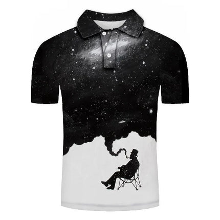 Summer Casual 3D Digital Printed Polo Shirt with Collar for Elderly and Smoking Short Sleeved Top