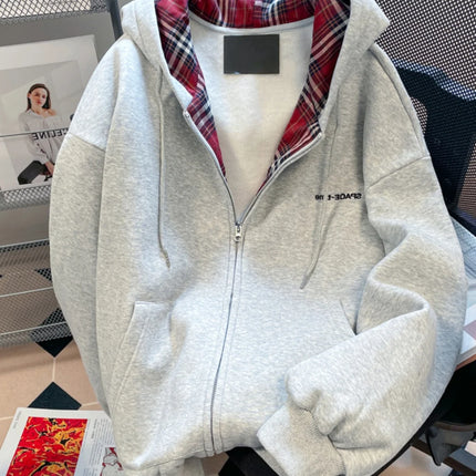 American Lazy Sle Retro Plaid Splicing Hoodie Cardigan Men's Unique Matchable Hooded Jaet Trendy Couple Outerwear