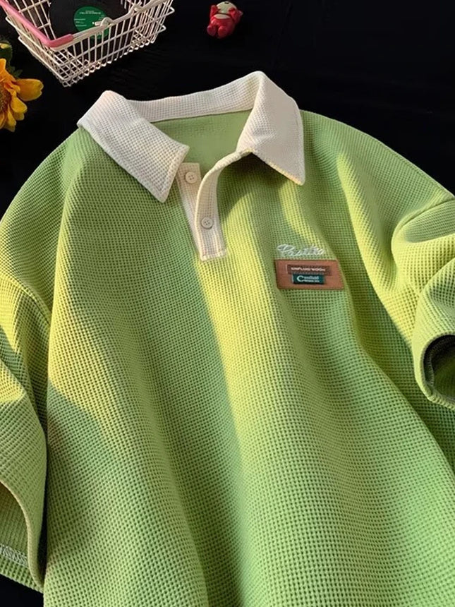 Summer Men's Contrast Color Short Sleeve Polo Shirts Waffle Y2K Vintage Streetwear Polos T-shirts Casual Breathable Golf Wear
