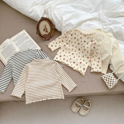 New Baby Long Sleeve T Shirt Girls Cotton Casual Tees Infant Ruffled Versatile Shirts Kids Floral Striped Bottoming Tops