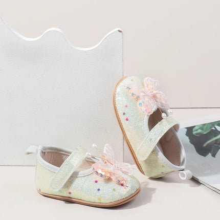 Shiny 3D Butterfly Princess Dress Shoes for Baby Girl Glitters Flats Non-Slip Crib Shoes Walking Shoes for Toddlers Infants