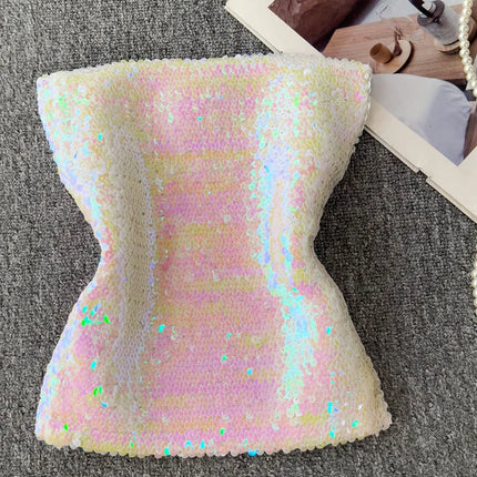 Elastic Slim Fit Stage Performance Outfit Heavy Sequin Wrap Chest Vest Tube Top in Pink Versatile Sexy Commute Sle ort Sl...