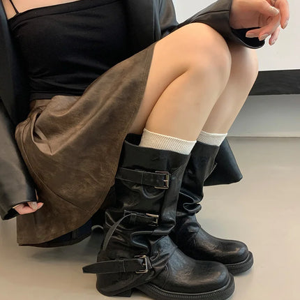 Autumn Winter Vintage Woman Knight Knee High Boots Shoes Ladies Elegant Thick Low Heel Belt Buckle Western Cowboy Botas