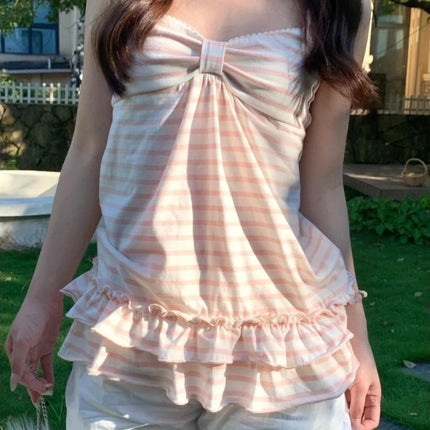 Deeptown Japanese Sweet Camis Women Kawaii Striped Pink Bow Sleeveless Vest Coquette Fashion Cute Summer Slim Up Ruffles Tanks