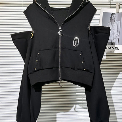 Y2K Subculture Dark Style Hot Girl Hooded Sweatshirt Jacket for Women Autumn Winter New Zipper Off-Shoulder Loose Top