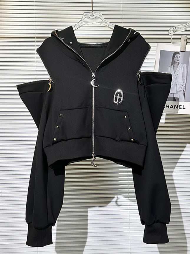 Y2K Subculture Dark Style Hot Girl Hooded Sweatshirt Jacket for Women Autumn Winter New Zipper Off-Shoulder Loose Top