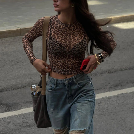 Dulzura Sexy Long Sleeves Tops Mesh T Shirt Leopard Printed Bodycon Women Clothes Lady Party Club Streetwear Casual Nightout Y2K