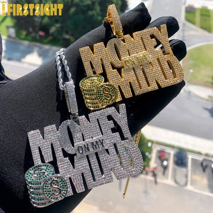 New Hip Hop Money Pendant Necklace Gold Color Iced Out Bling CZ Cubic Zirconia Letters Rich Dollar Charm Men Women Jewelry