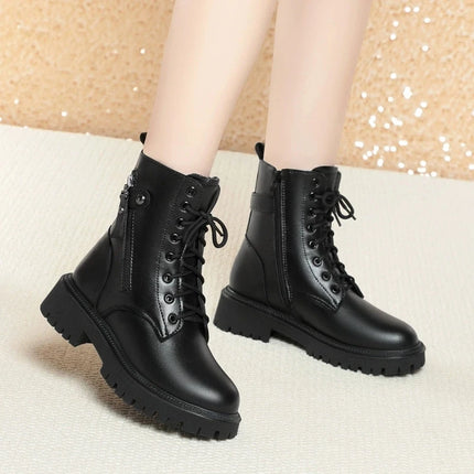 WOIZGIC Women Female Ladies Mother Genuine Leather Shoes Ankle Boots Winter Autumn Warm Fur Wool Zipper Plus Size 42 43