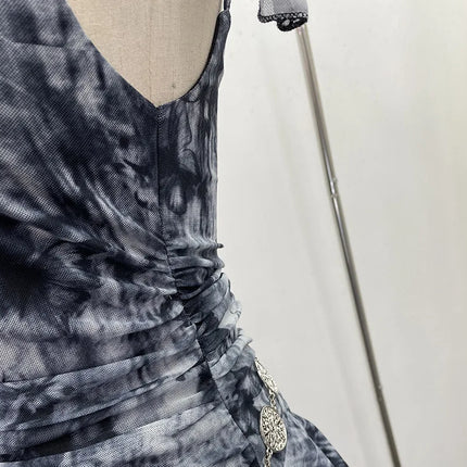 Women's Vintage Tie-dye Printed Mesh Spaghetti Strap Camisole Hot Girl Irregular Ruffled Ribbon Sleeveless Top Partyclub 1185
