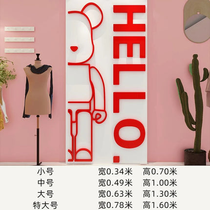 Cartoon Bear Wall Sticker with Hello Letter Acrylic Mirror Wall Decal Self-adhesive DIY Living Room Bedroom Home Decor
