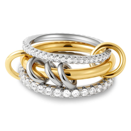 Luxury Cubic Zirconia Gold Plating Multilayer Connecting Rings for Women Fashion Mixed Color Stackable Finger Ring Party Jewelry