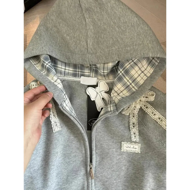 Lace Patchwork Hoodies Women Cute Bow Long Sleeve Sweatshirt Japan Preppy Style Sweet Loose Long Sleeve Female Gray Outwear