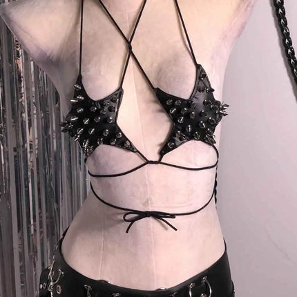 Gothic Emo Punk Women's Spiked Grunge PU Leather Tank Top Y2K Alternative 90s Vkei Studded Cyber Goth T-shirt 2000s ALT Clothing