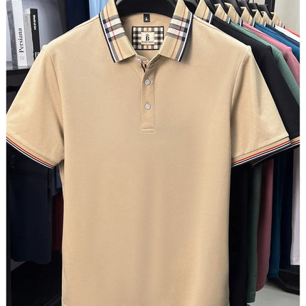 Men's high-end silky cotton breathable short-sleeved polo shirt, new summer trend, plaid lapel, designer brand, casual golf T-shirt