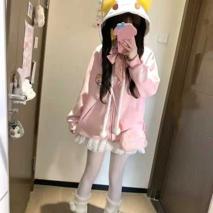 Sweet Kawaii Cartoon Pure Color Loose Zip Up Hoodie Women 2000s Y2k Autumn Winter Japanese Hooded Sweatshirt Lolita Coat Chic