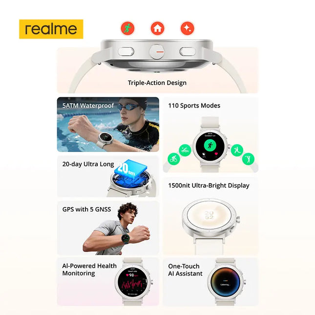 Smart Watch White/Grey realme Watch S5 1.43" AMOLED Display Bluetooth 5.4 Up to 20-day Battery Life