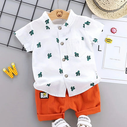 Infant and toddler summer full print cactus pattern short sleeved shorts set, outdoor standing collar shirt, fashionable two-pie