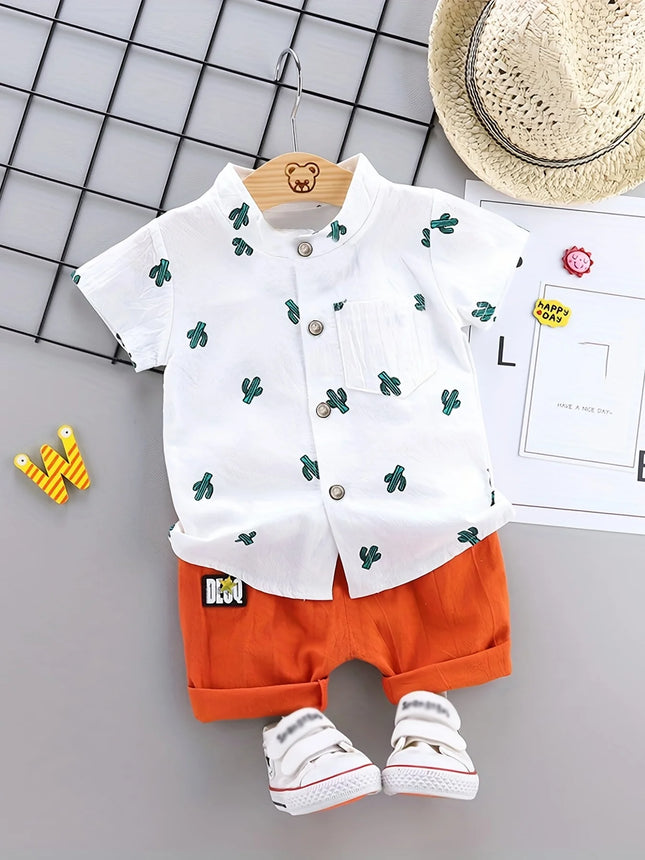 Infant and toddler summer full print cactus pattern short-sleeved shorts set, outdoor stand-up collar shirt, fashionable two-piece outfit