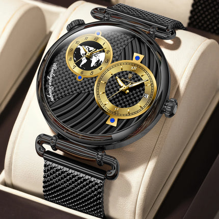 POEDAGAR Fashion Man Clock Dual Time Zone Display Waterproof Date Men Watch Sports Mesh Stainless Steel Men's Quartz Watches+Box