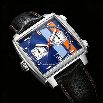 White Black Blue Leather Square Men Watch, VK63 Quartz Chronograph Wristwatch with Sapphire Crystal
