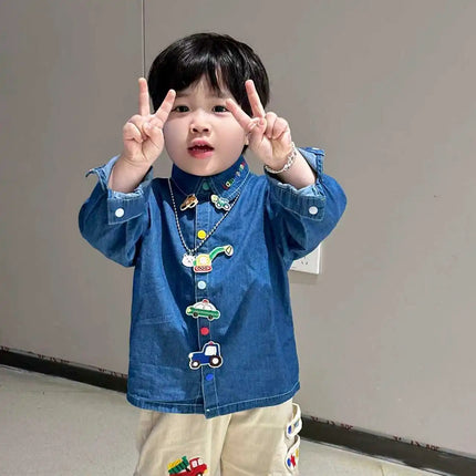 Boys' Soft Cartoon Shirt 2025 Autumn/Winter Collection Japanese Style Cute Solid Color Children's Top for Kids' Wardrobe