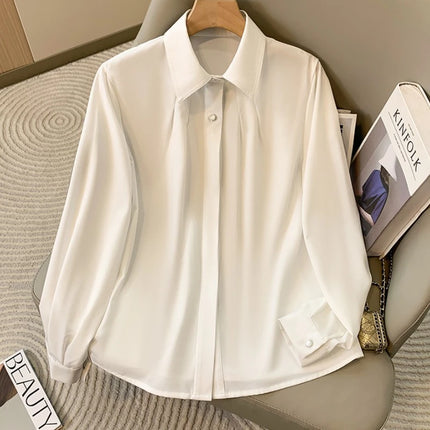 2026 Long-sleeved Lapel Plus Size Shirt New Korean Version Loose Temperament Profession Blouse Solid Hidden Button Down Shirts
