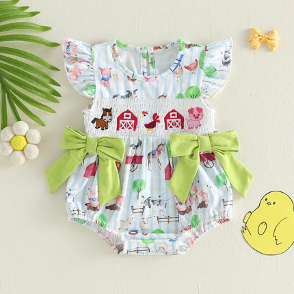 Infant Baby Girls Romper Fashionable Farm Chick Printed Flying Sleeve Smocked Ruffle Jumpsuit