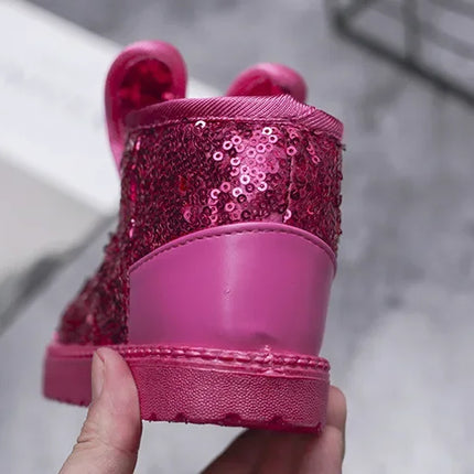 Girls Snow Boots Bunny Ear Bowtie Sequins Cute Winter Warm Ankle Boots Princess Toddler Non-slip Fashion Kids Boot Glitter Bling