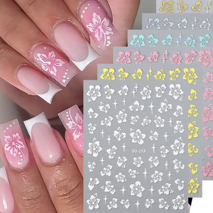 Hibiscus Flower 3D Nail Stickers Cherry Blossom Floral White Florals Petal Nail Art Decals Sliders Manicure Nail Tips Decor