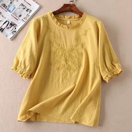 Fashion Thin Cotton Linen Y2k Tops Tee Women Clothing Summer Loose T Shirts Woman Embroidered T-shirt Blusa Casual Ladies tshirt