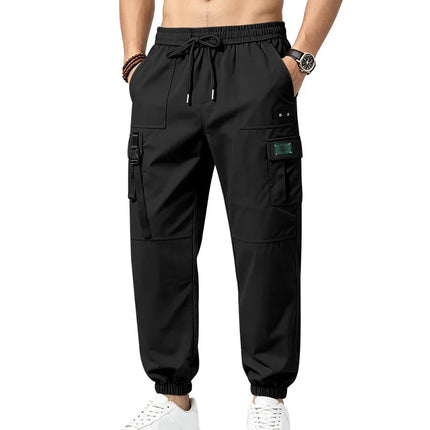 2026 New Men Streetwear Multi Pocket Decor Strap Cargo Joggers Elastic Waist Loose Ankle Lightweight Outdoor Casual Work Pants