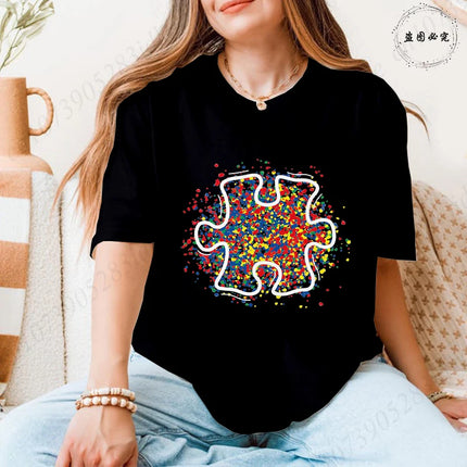 2026 Trendy Women's Autism Awareness T-shirts Creative Colorful Splatter Puzzle Graphic Female Clothing Short Sleeve Casual Tees