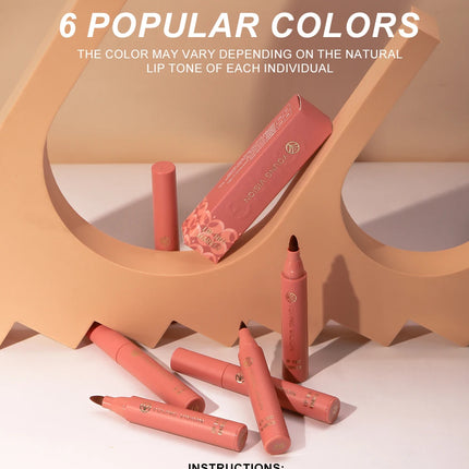 Lip Tint Pen, 6 Colors Available, Matte Water Lipstick, Non-Stick Cup, Long-Lasting, Smooth Lip Liner and Lip Stain Combo