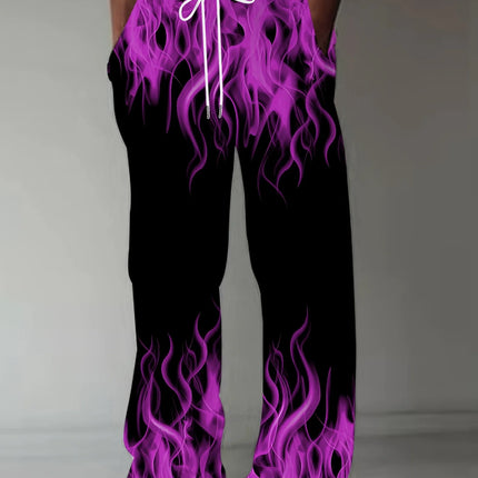 Fashion Men's Pants Casual Retro Flame Print Straight Leg Pants Summer Men'S Loose Fit Trousers With Drawstring As Gift