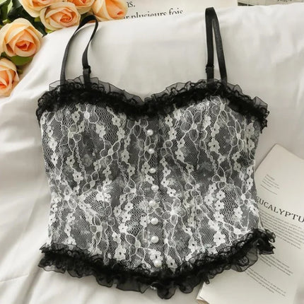Sexy Tank Top Floral Lace Camisole Sweet Sleeveless Camis France Lace Tops Pearl Button Decorations Fashion Women Camis