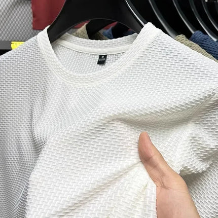 Men's Short Sleeve Mesh Bamboo Ice Silk T-shirt Casual Versatile Summer Elastic Slimming Top for Men