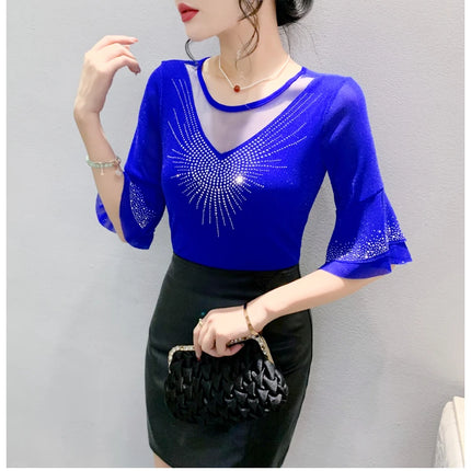 2025 Spring Summer Mesh Tops Korean Fashion Diamond T Shirt Slim 3/4 Sleeve Hollow Out Casual Women Shirt