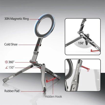 2026 Magnetic Tripod With Fence-Mounted Cold Shoe Handle Phone Tripod For Magsafe iPhone 16 15 14 13 12 Pro Android Desk Mount