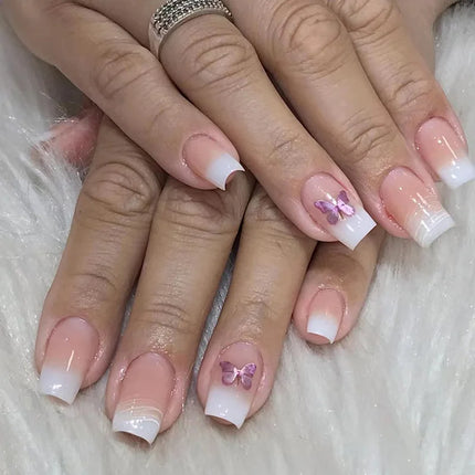 24Pcs Simple Square Head Fake Nail with nude design White Gradient French Press on False Nails Short Full Cover Nail Tips