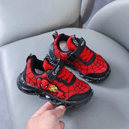 LED Casual Sneakers Red Black For Spring Boys Mesh Outdoor Spider-Man Shoes Children Lighted Non-slip Shoes Size 21-30