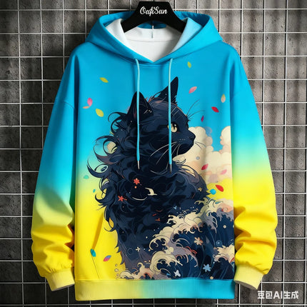 Japanese Samurai Cat Print Men's Hoodies Autumn and Winter Comfortable Loose Pullover Fashion Casual Sweatshirts Street Clothes