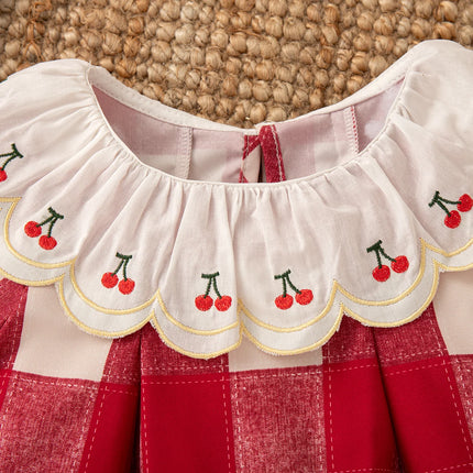 9 Months -4 Years Old Summer New Plaid Short Sleeved Baby Girl Dress, Red Cherry Petal Lapel Children'S Clothing